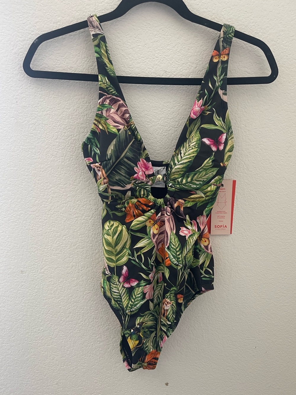Tropical Floral One-Piece Swimsuit - Black with Green & Pink by Sofia Vergara
